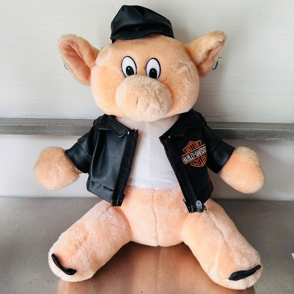 Vtg Harley Davidson Motorcycle Plush 11" Biker Hog Pig Faux Leather Jacket & Hat
